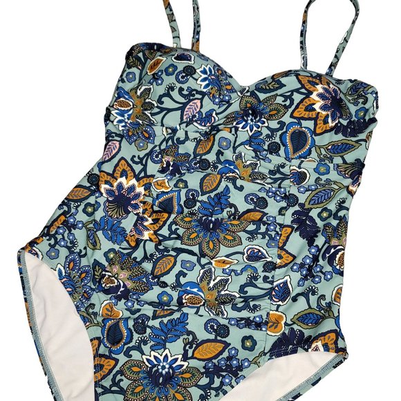 Tahiti boho floral one piece swimsuit floral blue yellow tan size Large 12-14 - Picture 6 of 6
